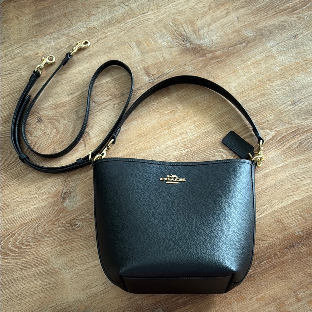 Coach Black Leather Shoulder Bag with Gold Accents